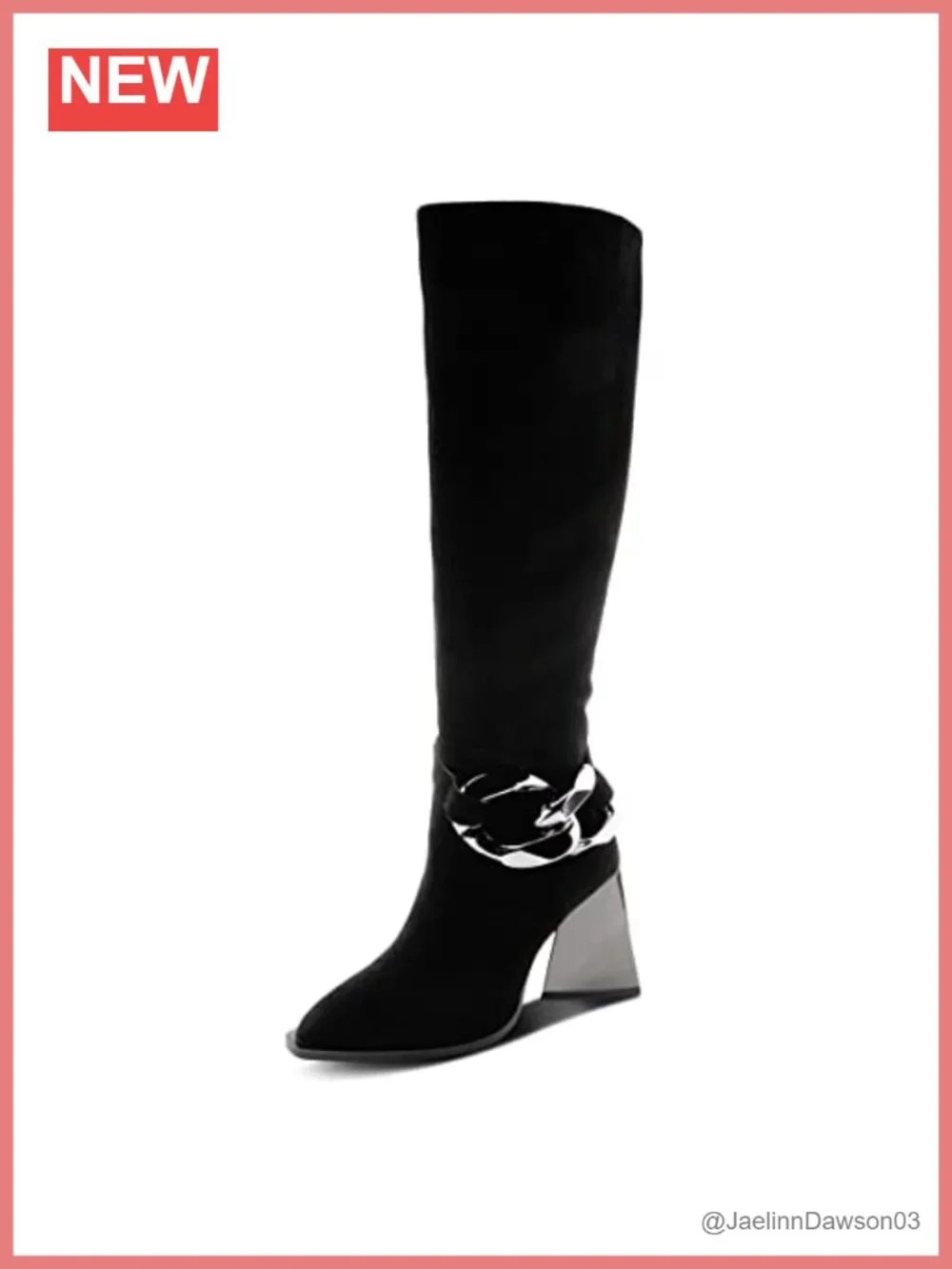 Vegan Microsuede Knee High Boots with Mirrored Triangular Heel and Zipper